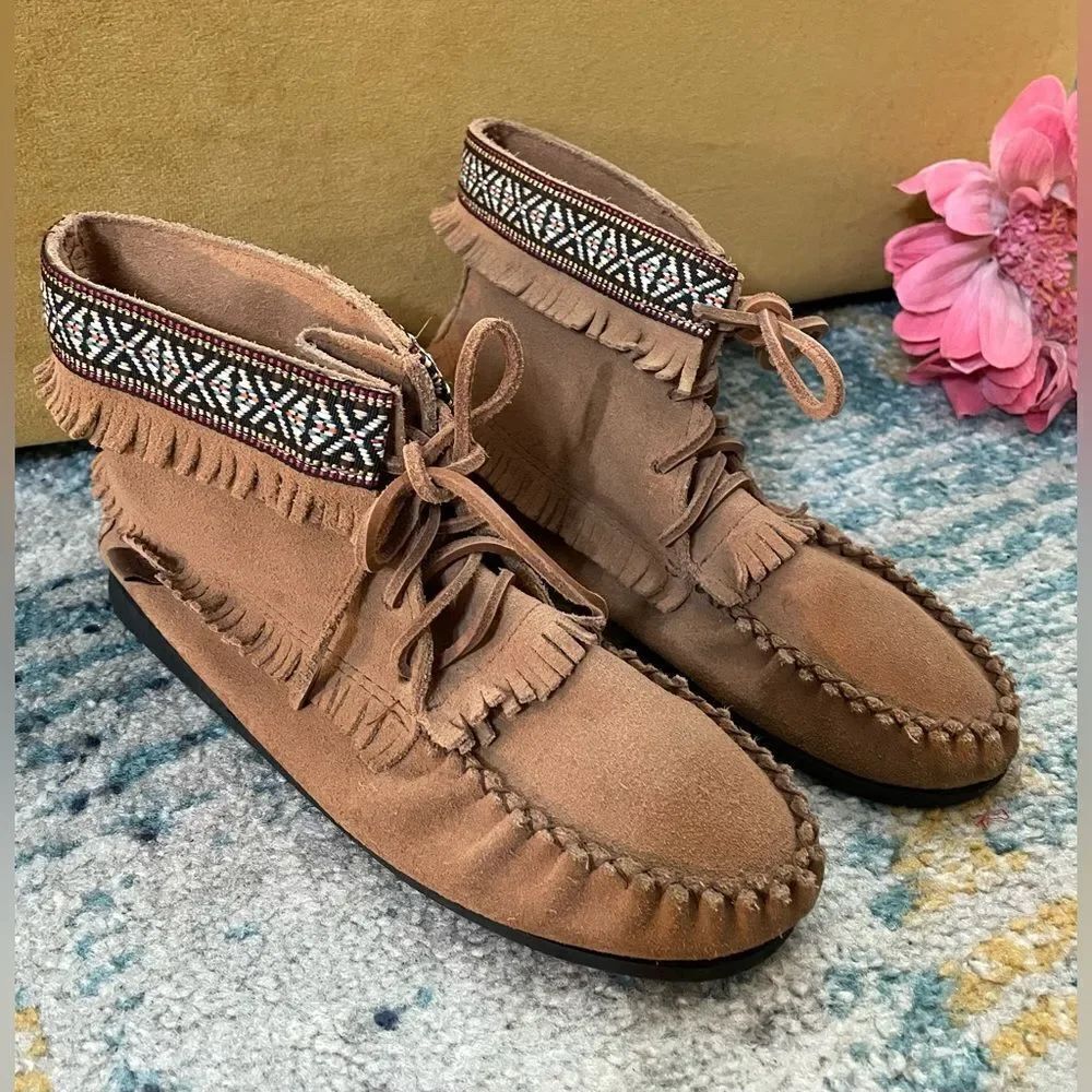 Laurentian Chief Leather Suede Moccasin Ankle Booties Fringe 8